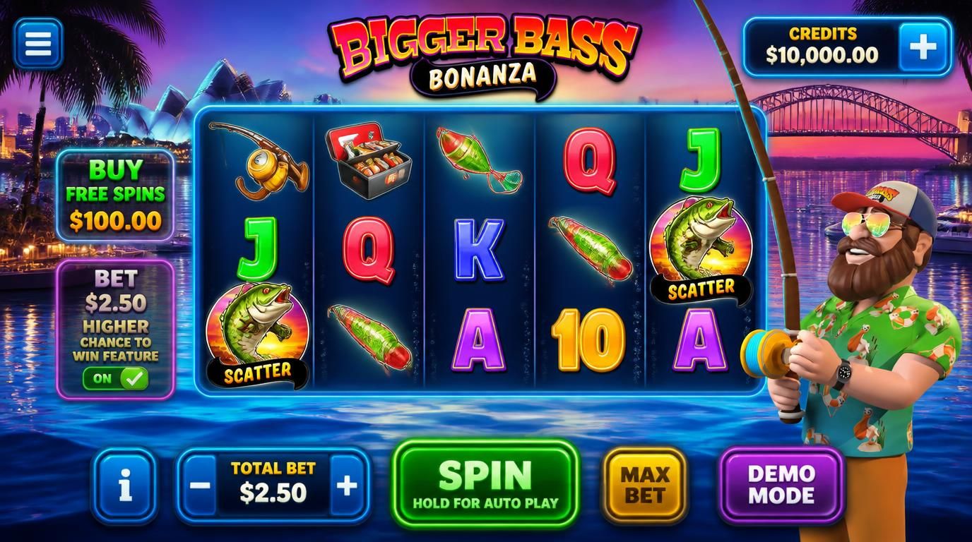 A virtual slot machine with fishing icons and demo mode interface over an Australian harbour scene